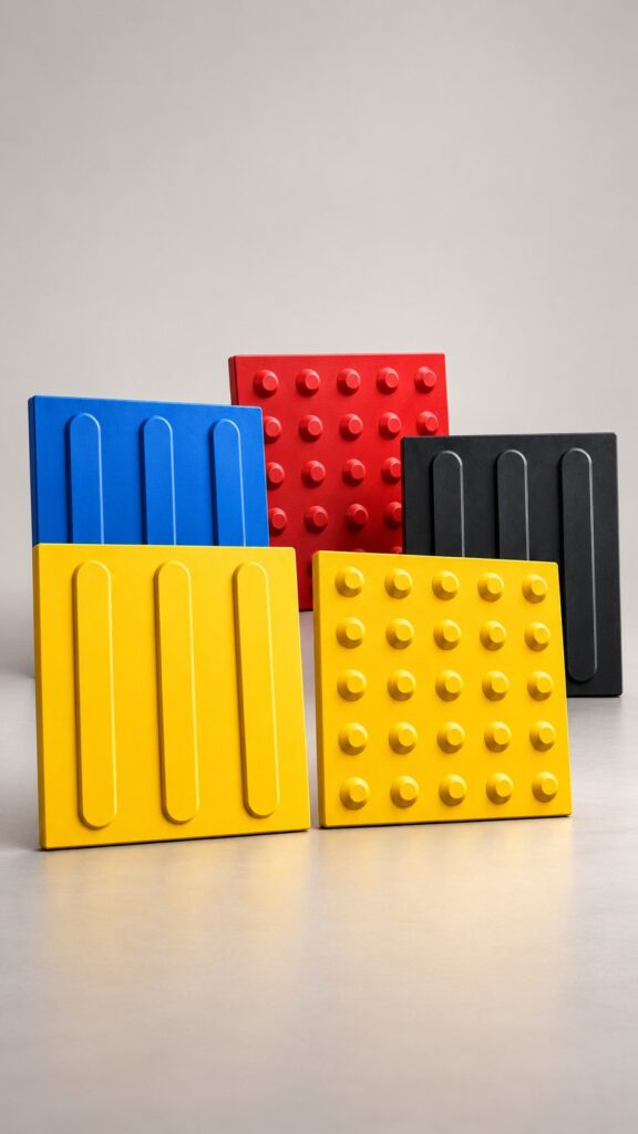 Placas de piso tátil de PVC de alerta e direcional nas cores amarela, azul, vermelha e preta