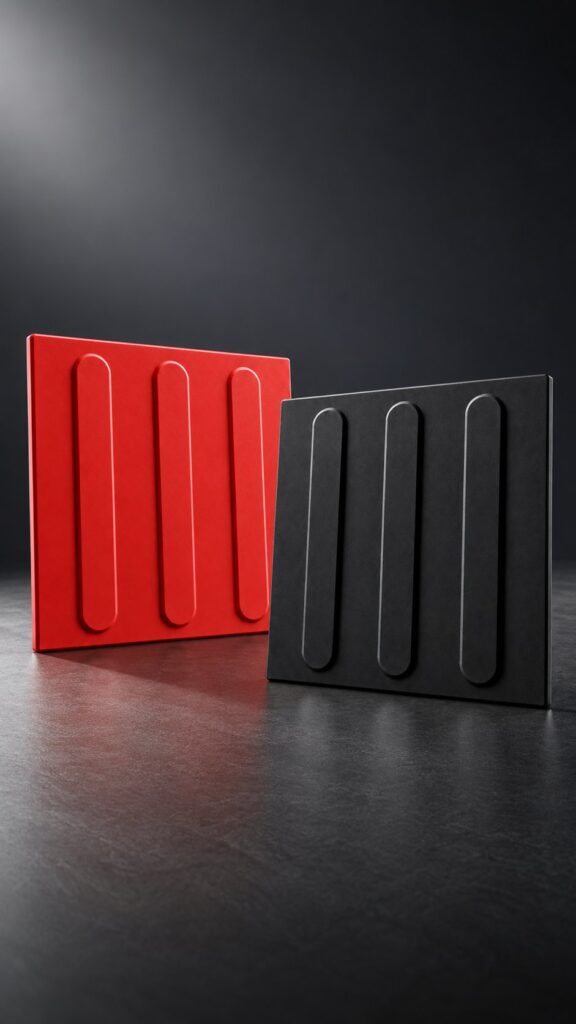 Duas placas de piso tátil de PVC direcional, uma vermelha e uma preta, com três barras paralelas em relevo